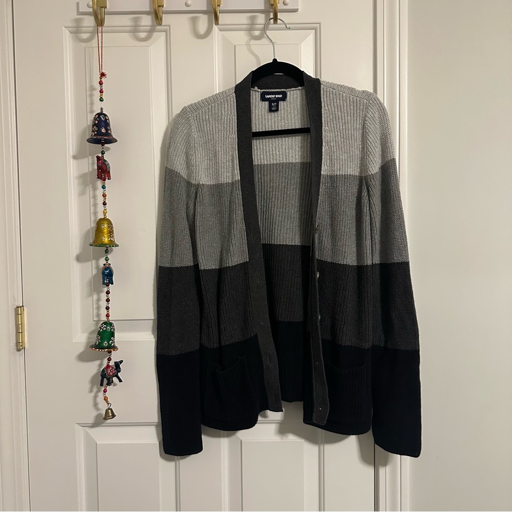 Lands End Black Gray Color Block Cardigan Sweater Small Tall